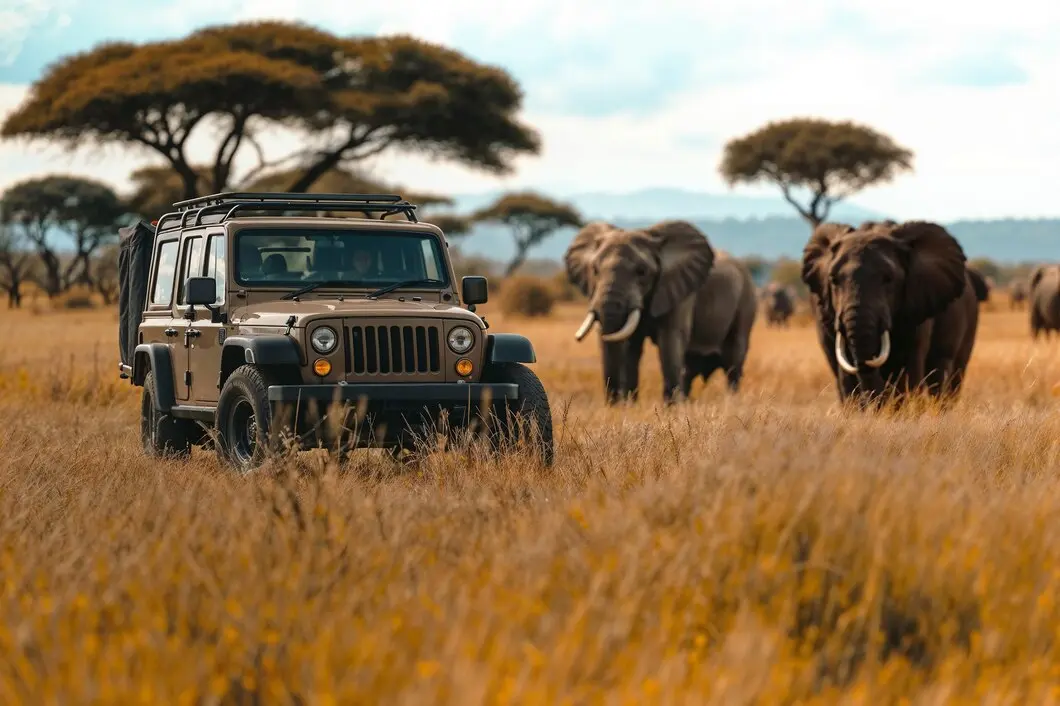 Elephant wandering in the open savanna during a breath-taking sunset, captured during a car safari