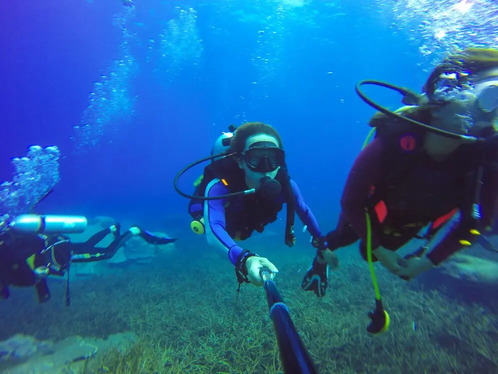 Diver exploring vibrant coral reef amidst school of colourful fish in deep ocean